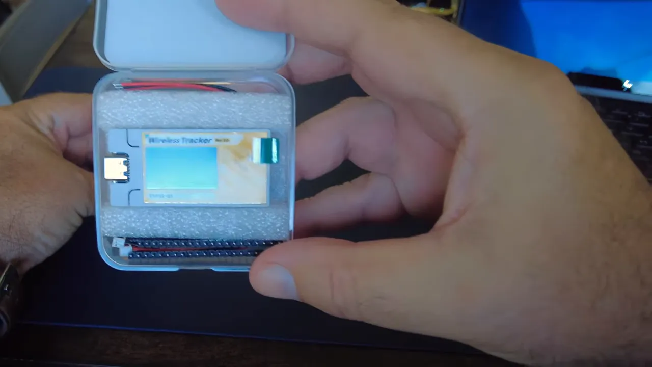 Heltec Wireless Tracker V2 showing connector area and onboard display in packaging