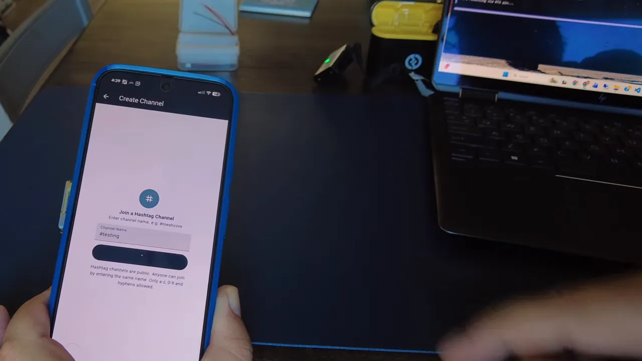 Meshtastic app screen showing the created hashtag channel for testing