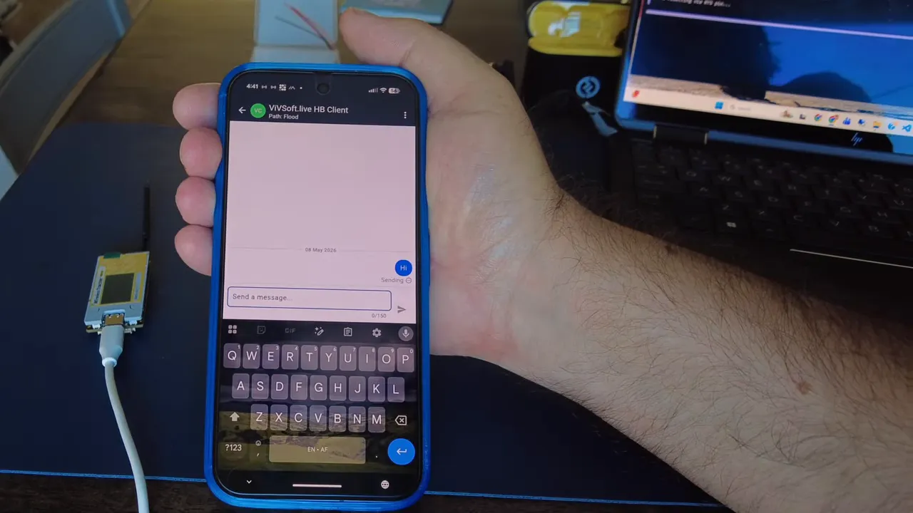 MeshCore companion app showing a message being sent on a contact chat