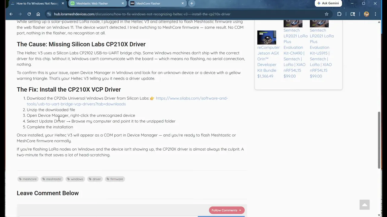 LoraMeshDevices Hub article describing the cause and steps to install the Silicon Labs CP210X driver for Heltec on Windows