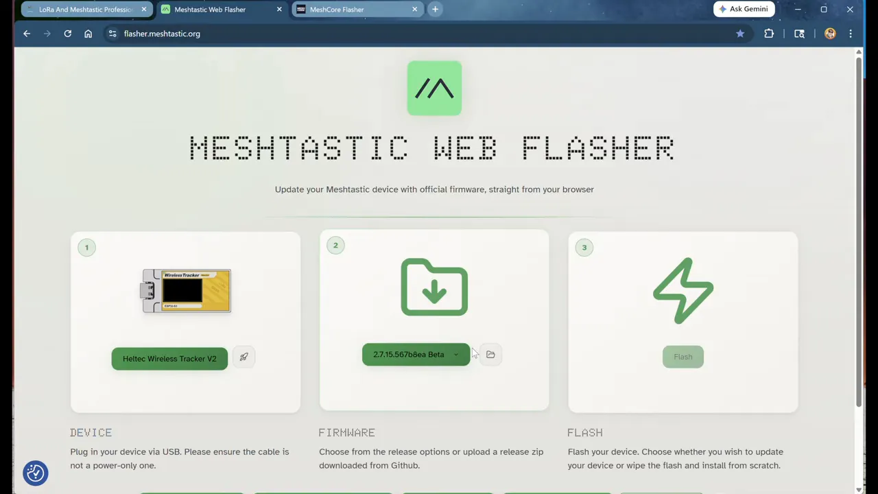 Meshtastic Web Flasher firmware selection step for Heltec Wireless Tracker V2