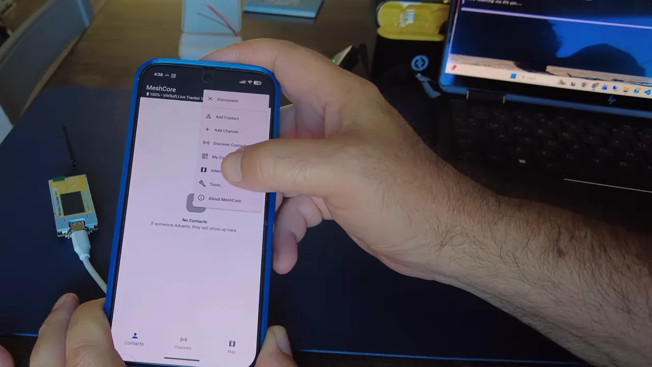 MeshCore app tools menu opened on a phone while preparing repeater discovery for the Heltec Wireless Tracker V2