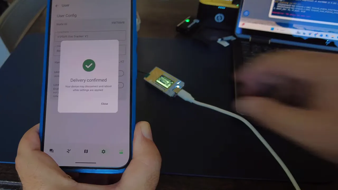 Meshtastic app shows 'Delivery confirmed' after saving node/user configuration for Heltec Wireless Tracker V2