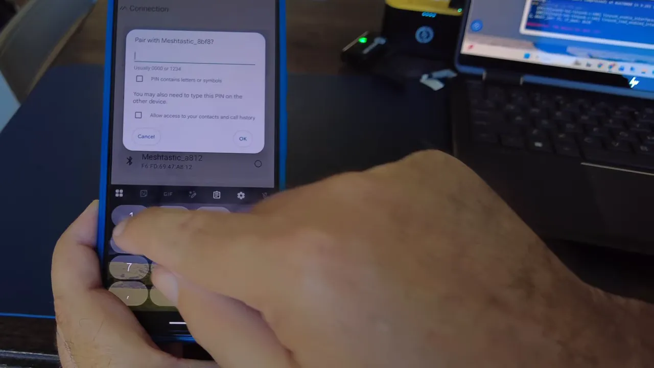 Meshtastic Bluetooth pairing PIN dialog on smartphone while connecting to Heltec Wireless Tracker V2
