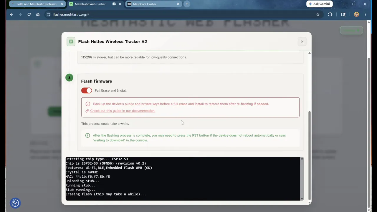 Meshtastic web flasher showing Heltec Wireless Tracker V2 “Full Erase and Install” with console output