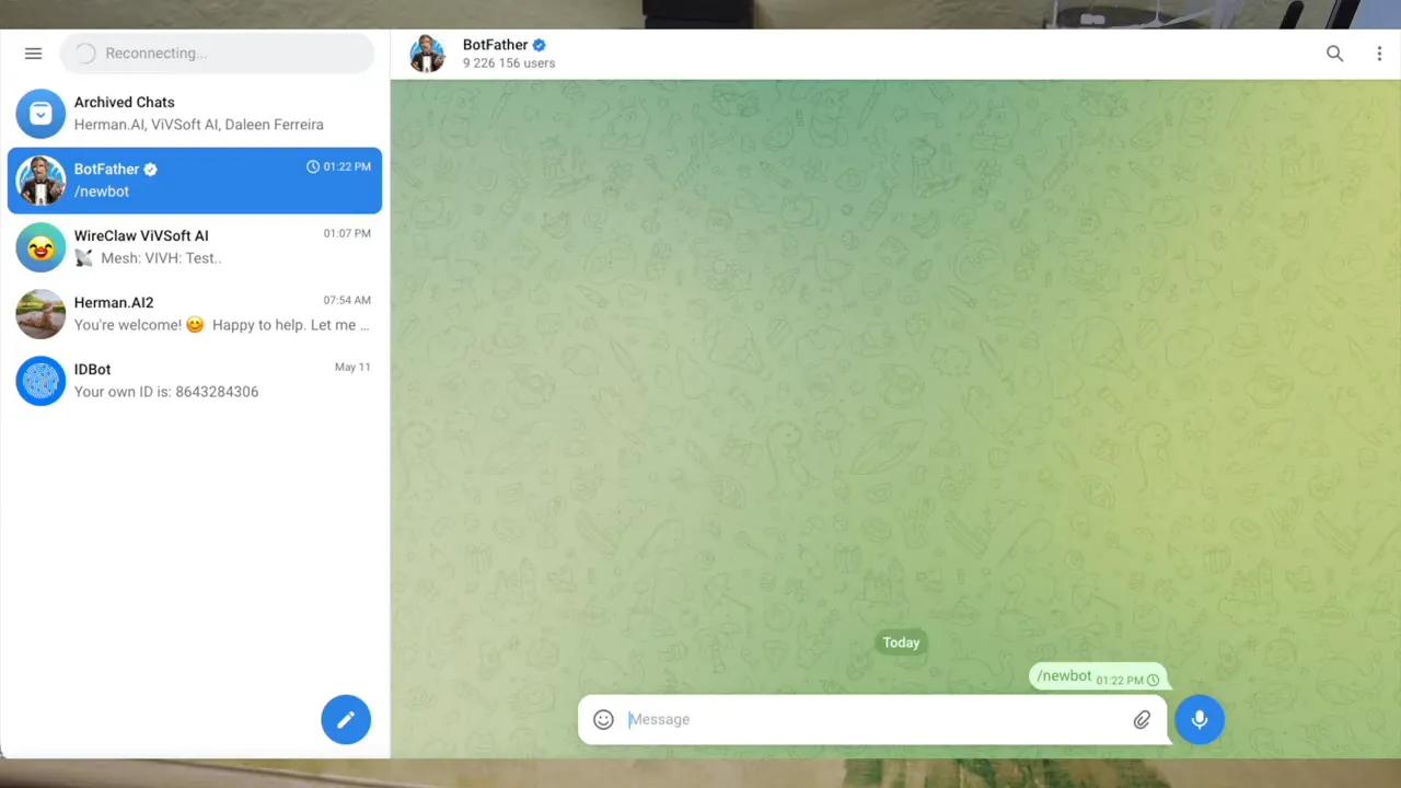 BotFather Telegram chat showing the /newbot command