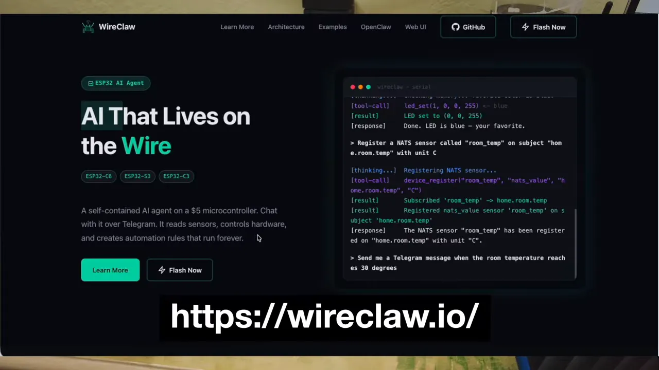 WireClaw website screenshot with serial output showing NATs sensor registration and Telegram automation