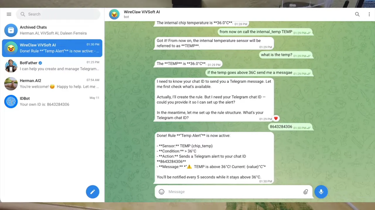 Telegram chat confirming WireClaw monitoring rule for internal temperature above 36°C