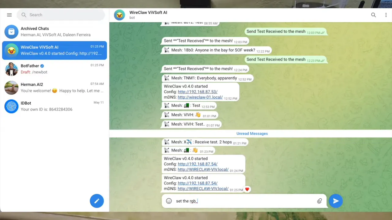 Telegram chat with WireClaw bot showing commands and responses for controlling the RGB LED