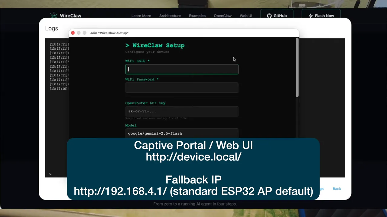 WireClaw Setup captive portal showing Wi‑Fi and AI configuration fields