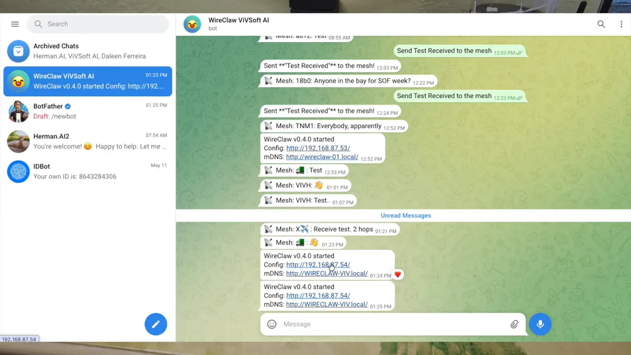 Telegram conversation showing WireClaw bot responses about mesh messages and connectivity