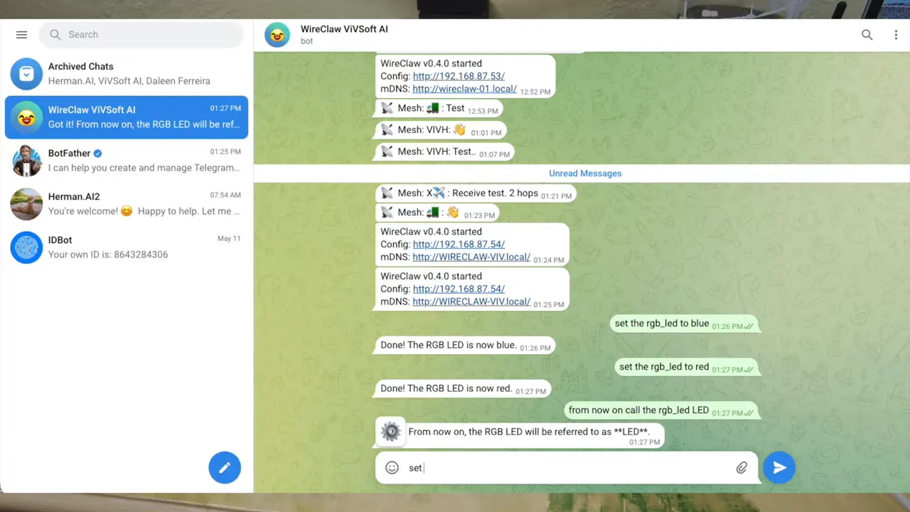 WireClaw Telegram chat confirming RGB_LED actions and switching to an alias for the LED