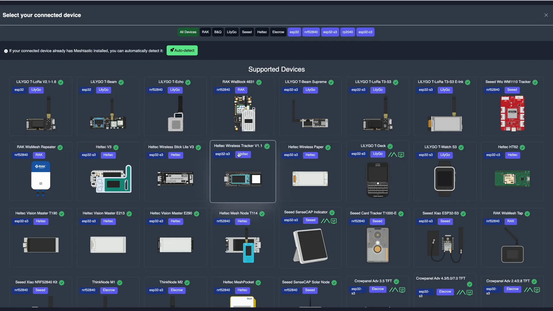 Selecting Heltec V3 target on Meshtastic flasher website