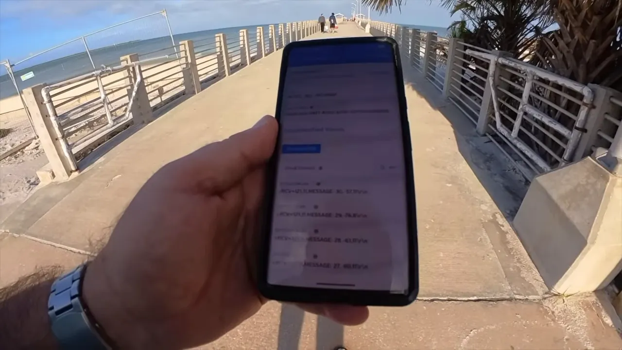 Close-up of smartphone app showing received messages from LoRa via Bluetooth LE during range test
