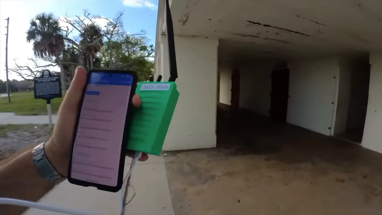 Smartphone displaying the LightBlue Bluetooth LE app while testing a LoRa-to-Bluetooth bridge inside a concrete bunker