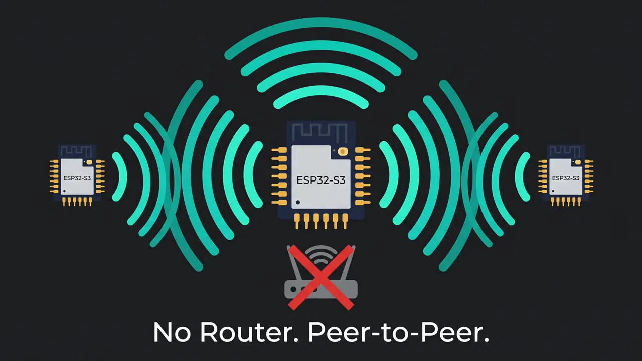 Diagram showing ESP32 devices communicating peer to peer without a router