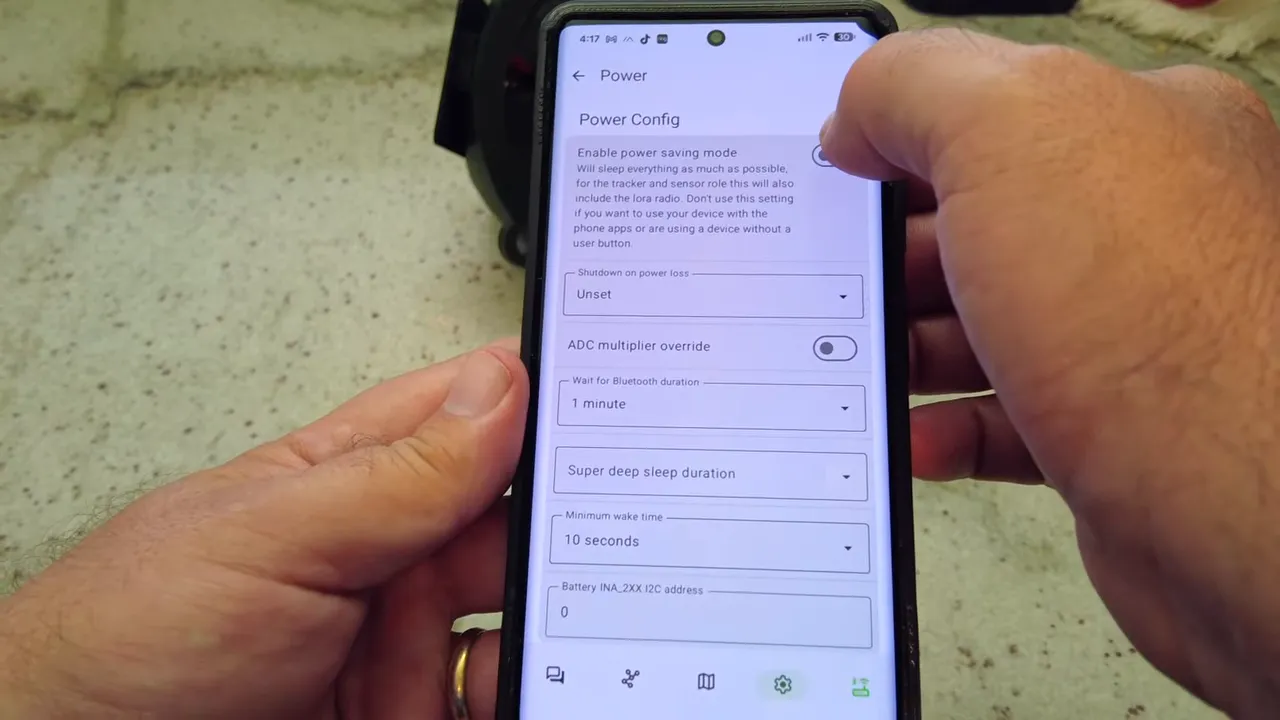 Meshtastic app Power settings screen with minimum wake time and super deep sleep options
