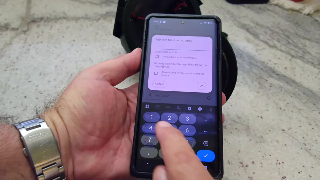 Meshtastic app pairing dialog on a phone requesting PIN to pair with the tree node