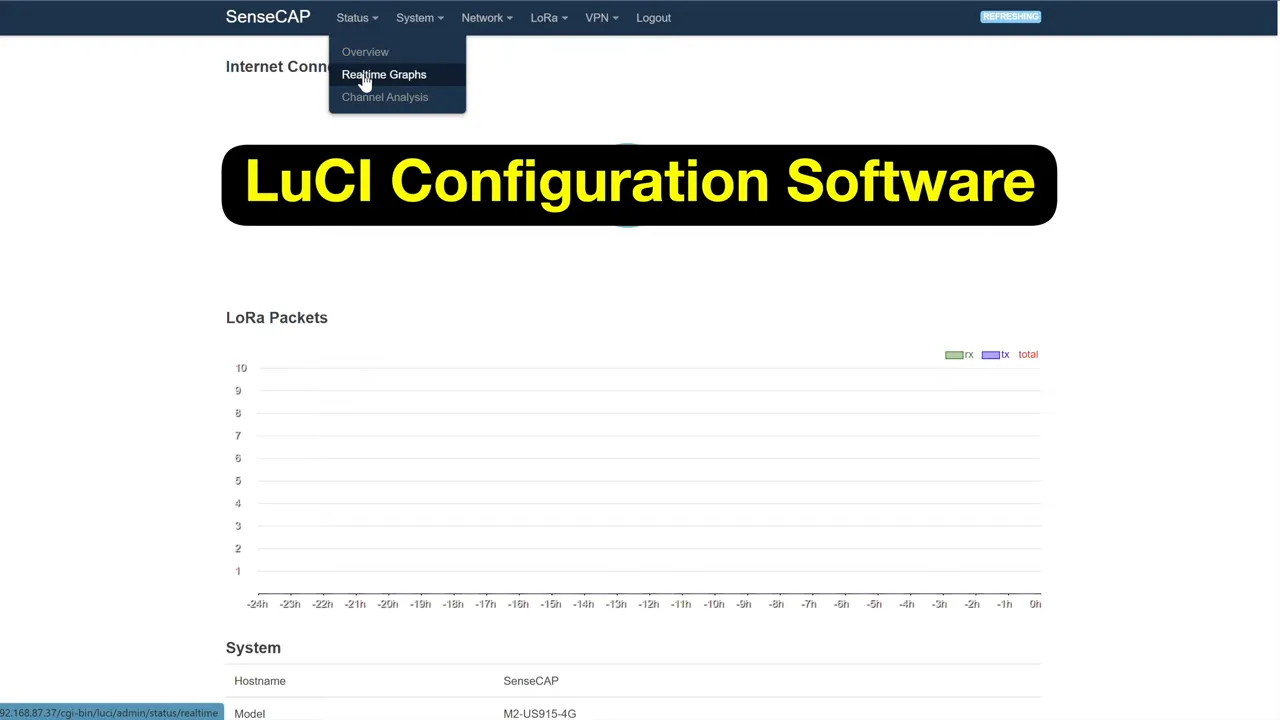SenseCAP LuCI interface showing overview and real-time graphs