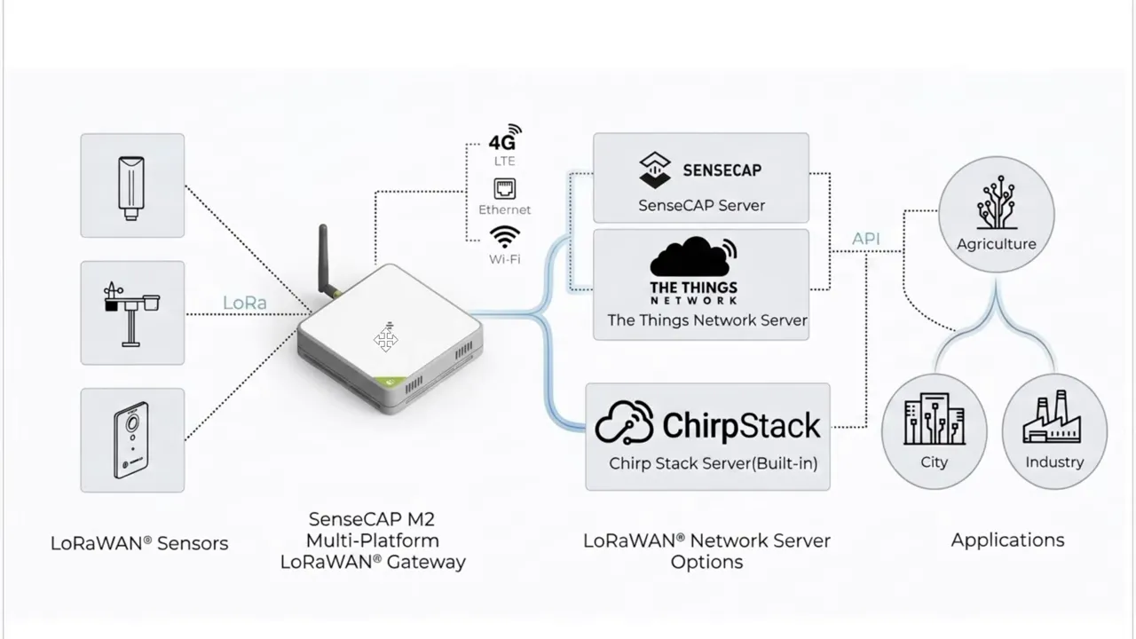 Diagram showing SenseCAP M2 gateway with built-in ChirpStack local LoRaWAN network server connecting LoRa sensors to applications