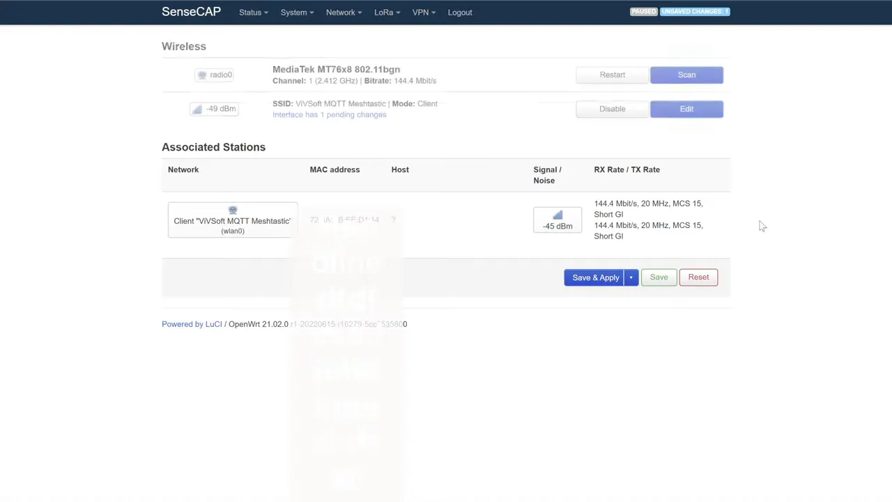 SenseCAP M2 Lucy Wireless page showing Save & Apply and Save/Reset buttons for pending changes