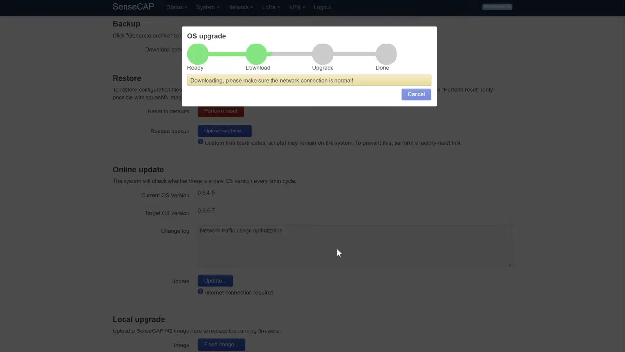 Lucy OS upgrade progress while downloading on SenseCAP M2 gateway