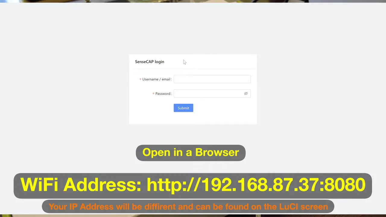 Screenshot of SenseCAP login page for accessing the local ChirpStack server