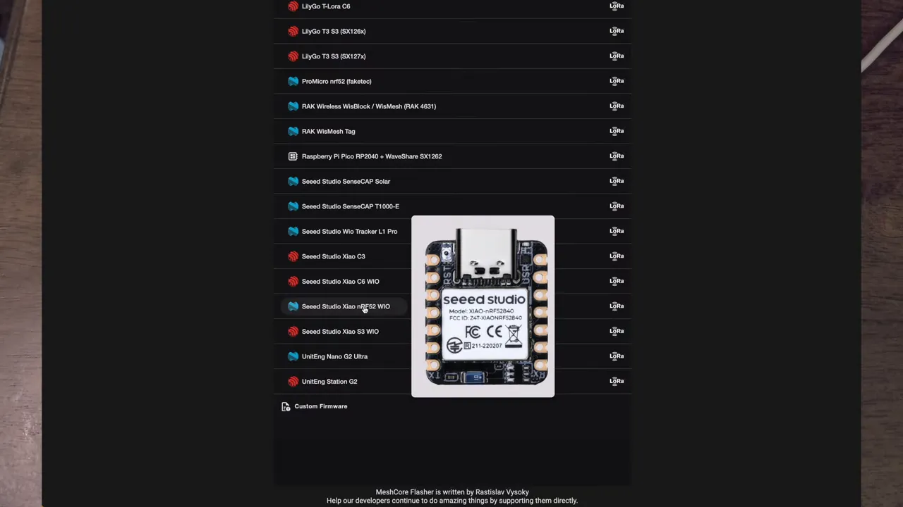 MeshCore web flasher device selection
