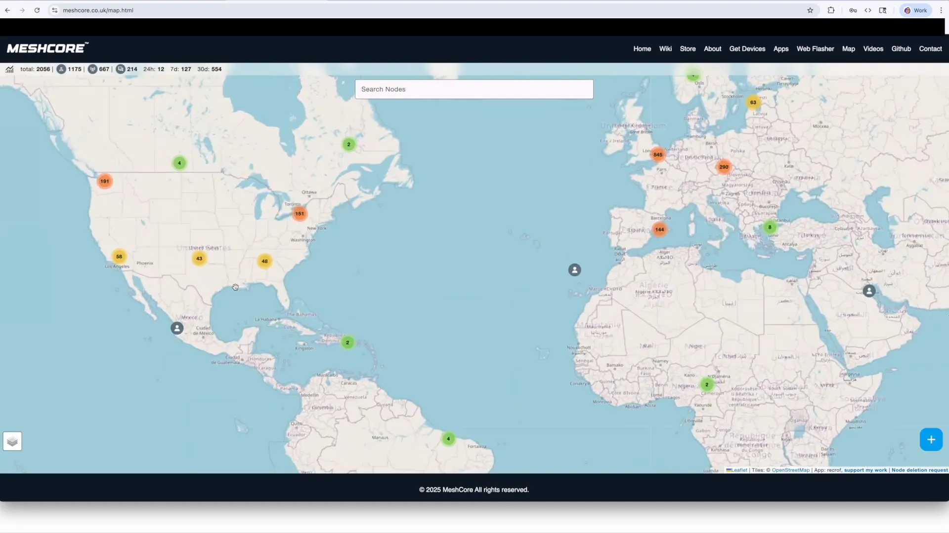 Meshcore and Meshtastic network maps showing community spread