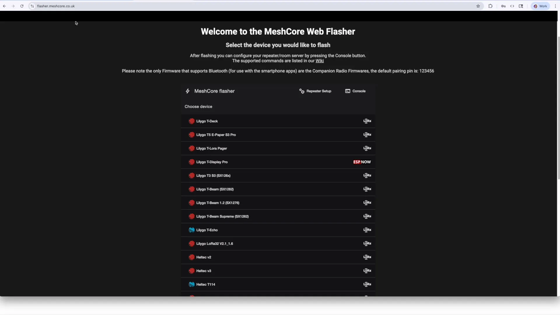 Meshcore Flasher Tool interface showing supported devices and configurations