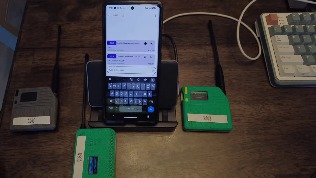 Clear view of the Meshtastic app conversation showing queued messages with Heltec/T114 LoRa devices on the table.