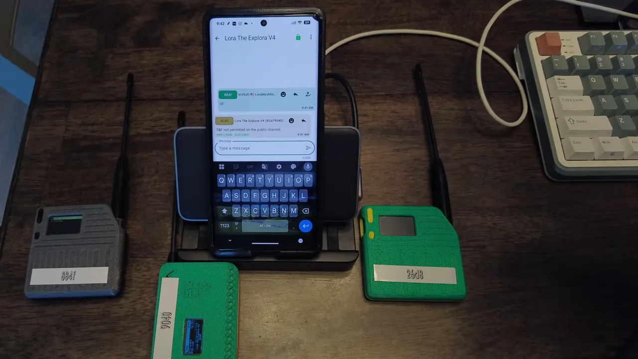 Clear view of the Meshtastic app conversation on a phone displaying the 'SF not permitted on the public channel' message with Heltec/T114 LoRa nodes arranged on a table.