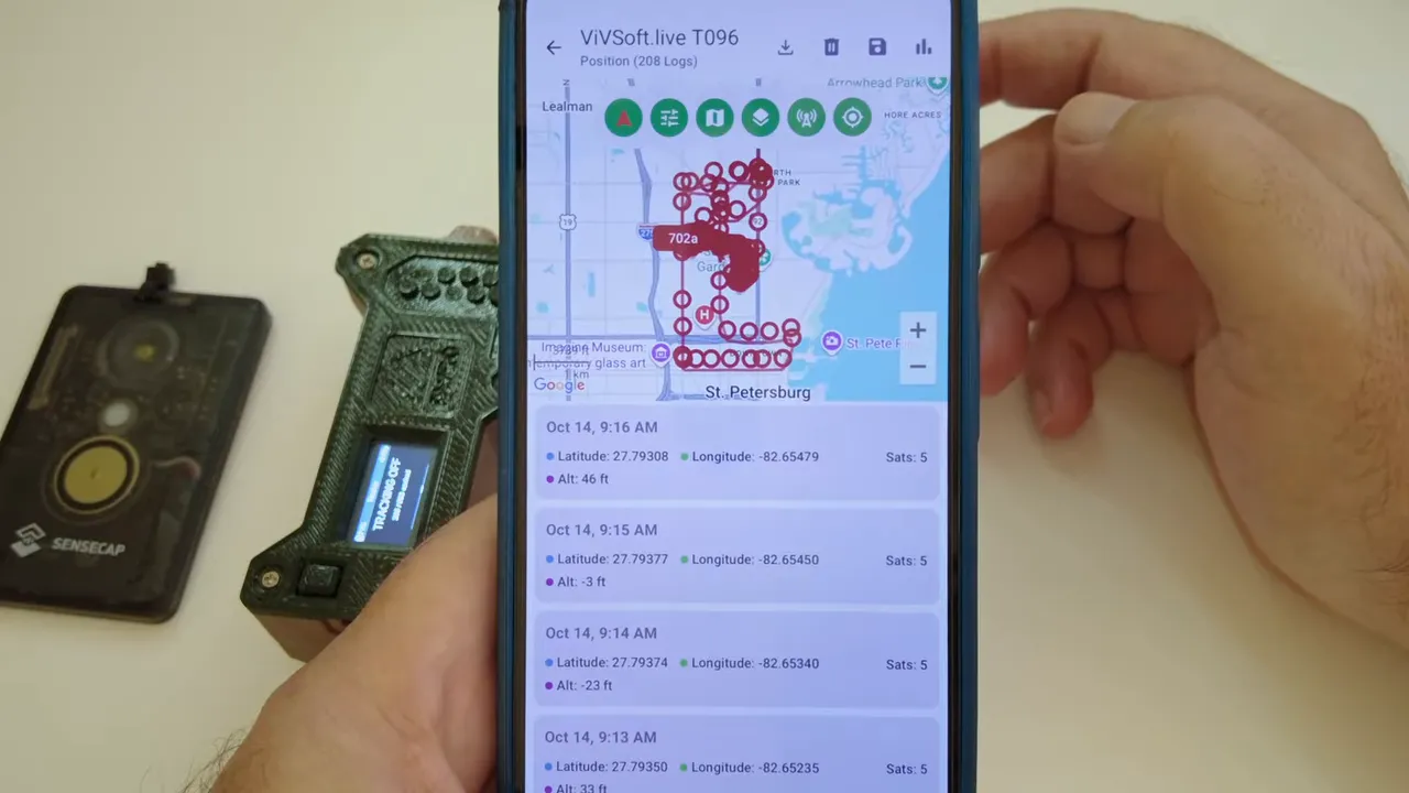 Meshtastic app on a phone showing numerous red location markers on a map and position entries below