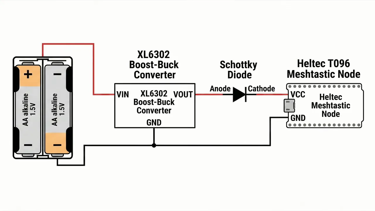 Simple wiring diagram showing two AA batteries, an XL6302 buck boost converter, a Schottky diode, and the Heltec T096 Meshtastic node