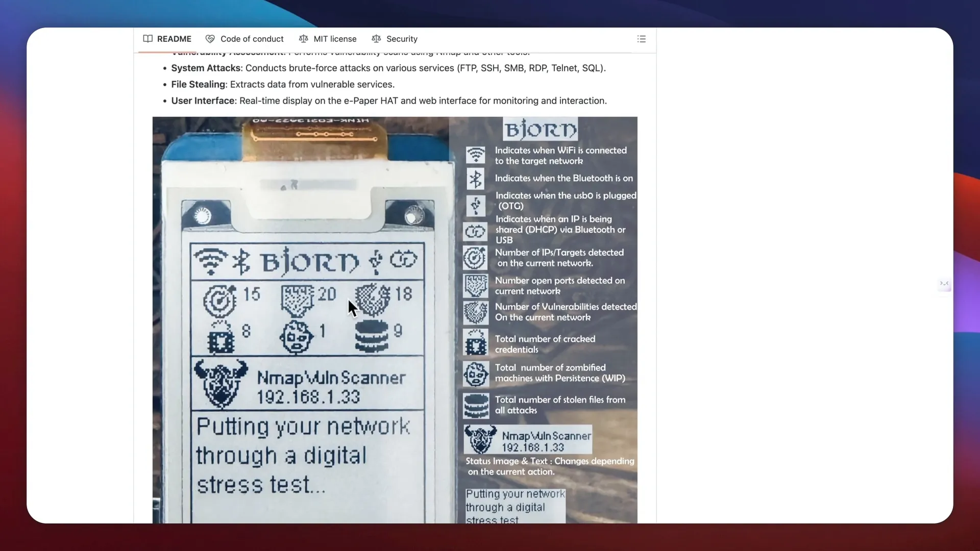 BJORN display shows network status