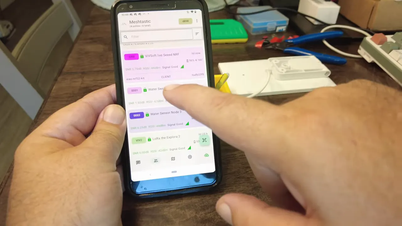 Meshtastic UI showing the node online and battery at 96%