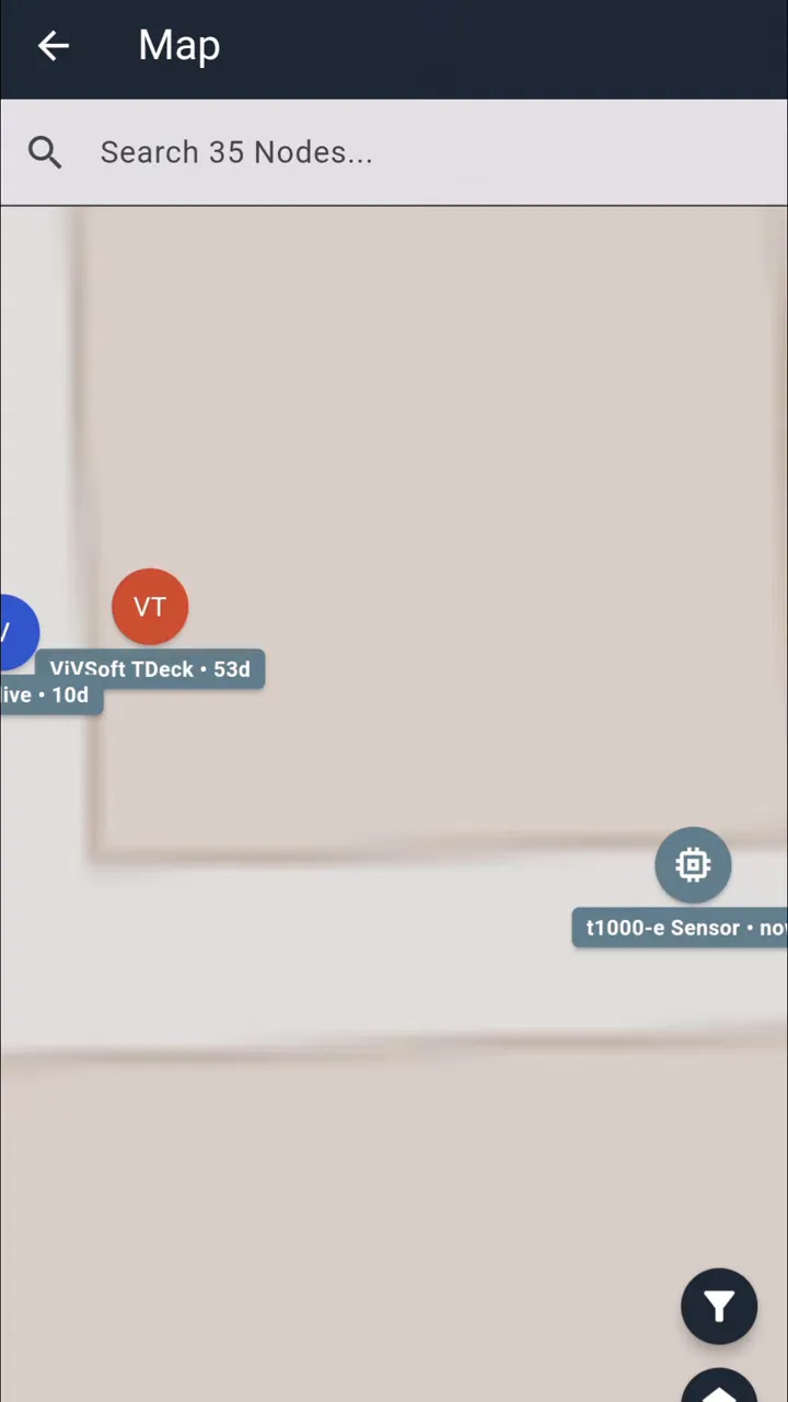 MeshCore app map displaying the t1000-e sensor icon and label, highlighting the sensor on the map.