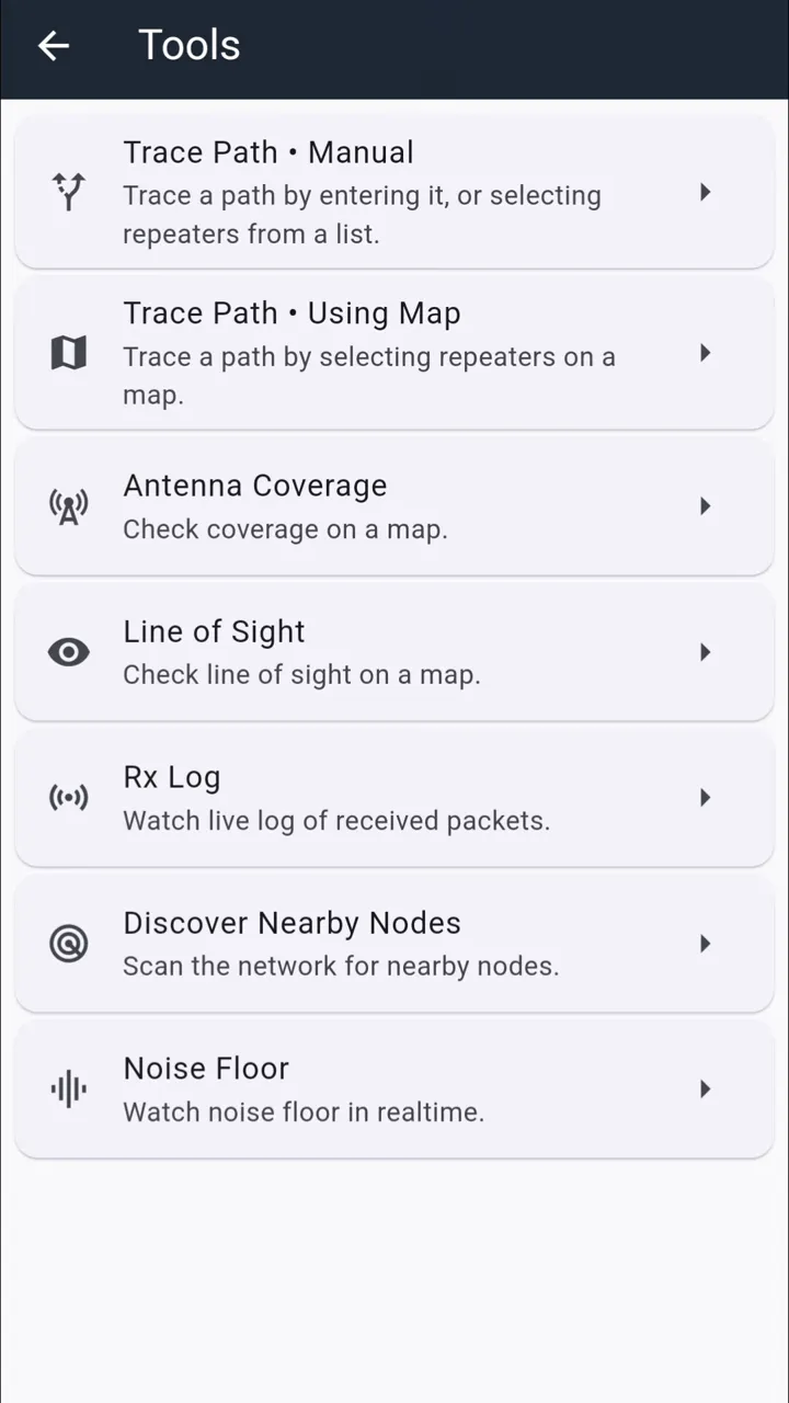 MeshCore Tools screen showing Discover Nearby Nodes, Antenna Coverage, Rx Log and other tools