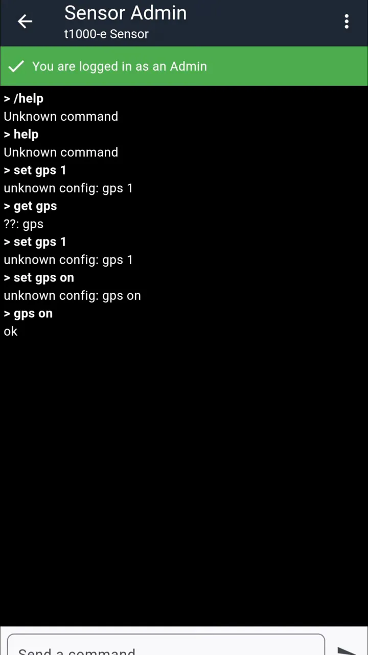 MeshCore sensor console showing commands including 'set gps on' and 'gps on' with response 'ok'