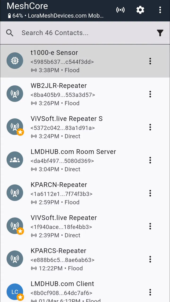 MeshCore app node list with the t1000-e Sensor selected and highlighted