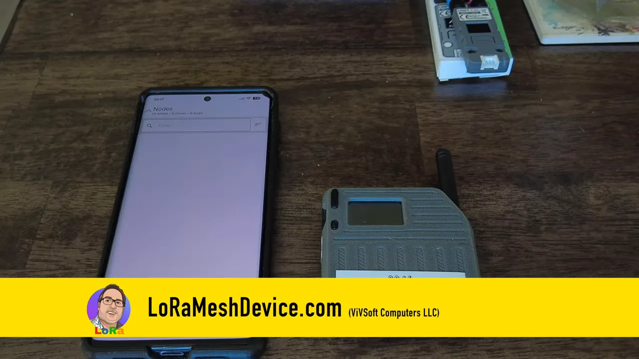 Smartphone beside a Meshtastic LoRa node on a table, demonstrating phone proxy setup