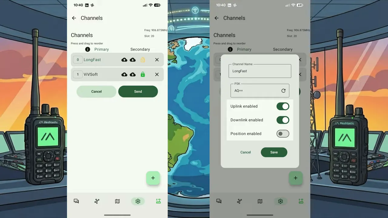 Meshtastic app channels screen showing uplink and downlink enabled toggles