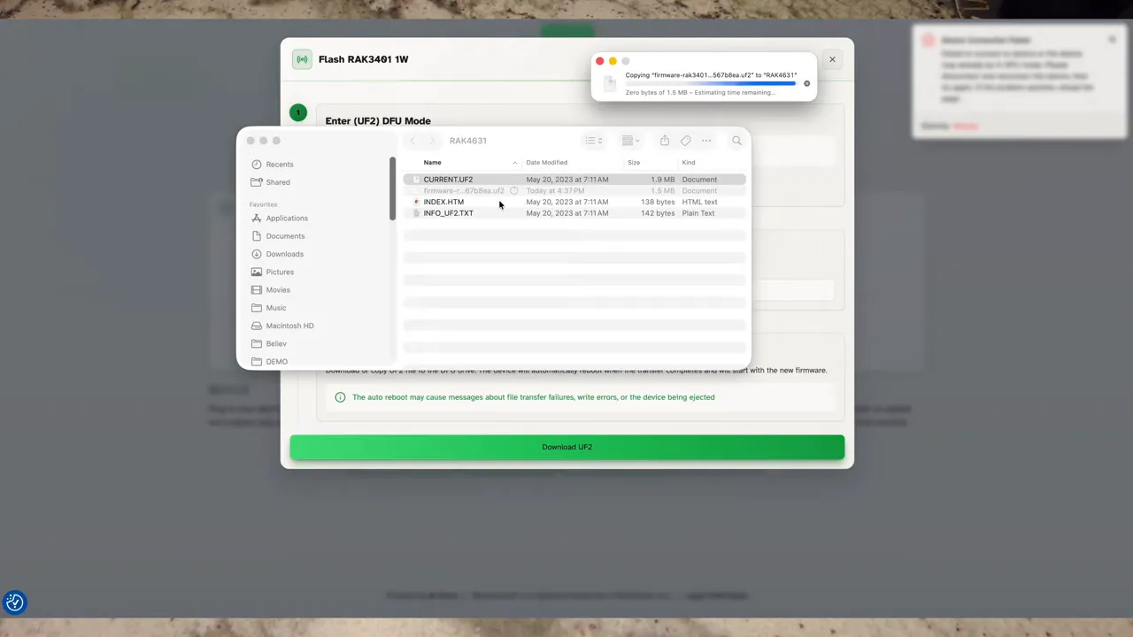 Clear screenshot of Mac Finder listing UF2 files with a copy progress dialog while flashing RAK device