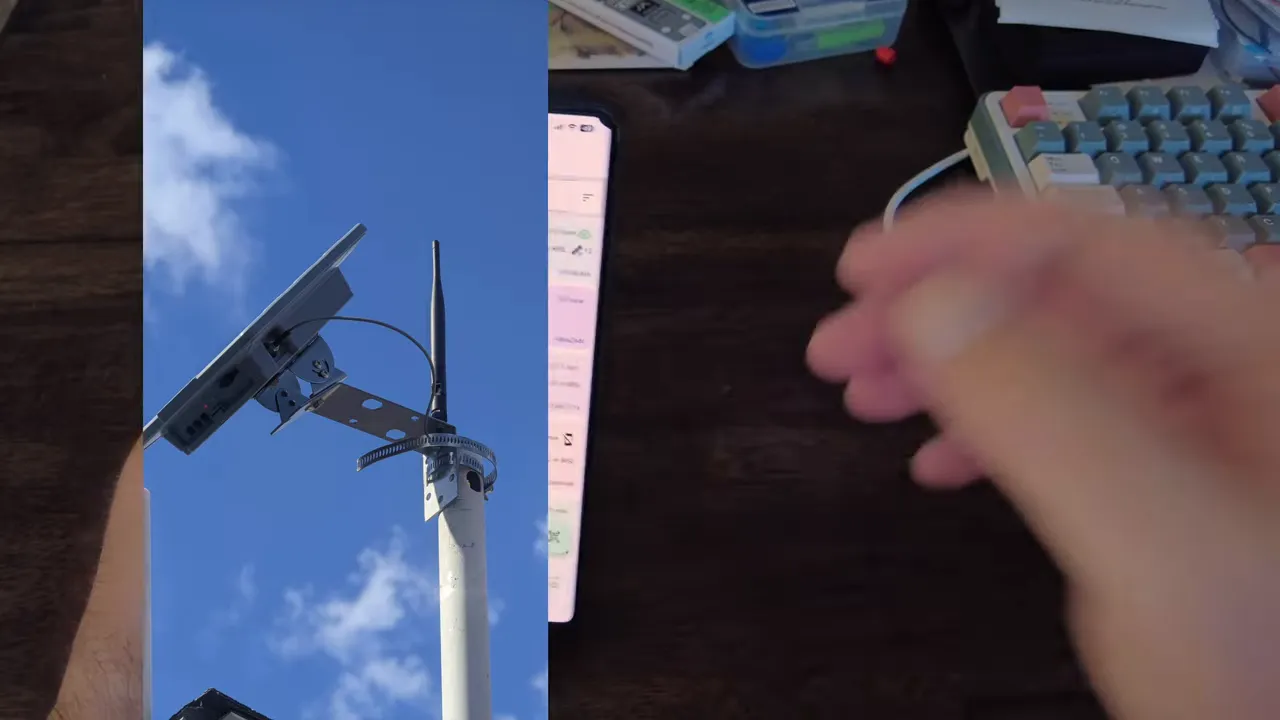 SenseCAP P1 Pro solar node mounted on a pole with 2 dBi antenna and metal clamp bracket against blue sky.