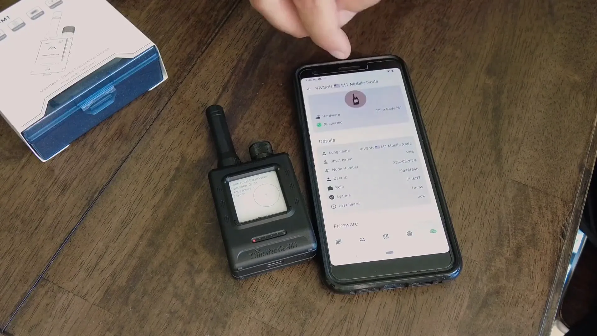 Meshtastic app showing ThinkNode M1 GPS coordinates and status