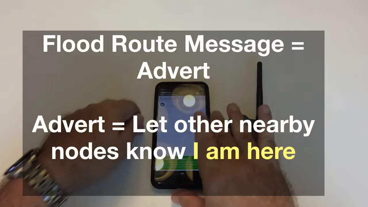 On-screen text explaining flood route message equals advert and advert lets nearby nodes know I am here