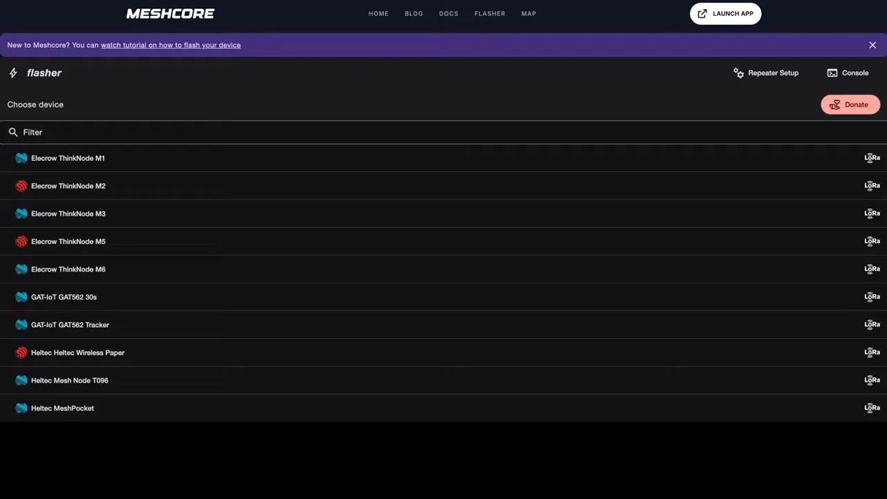 MeshCore flasher website open on a desktop browser