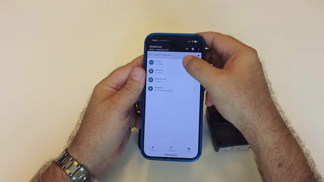 Phone screen showing the channels section of the MeshCore app