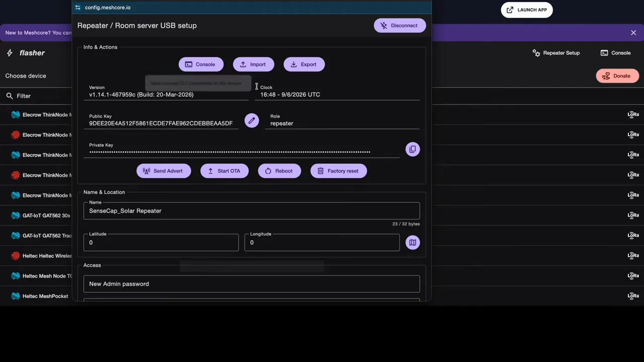 MeshCore repeater setup screen showing fields for role, passwords, and region