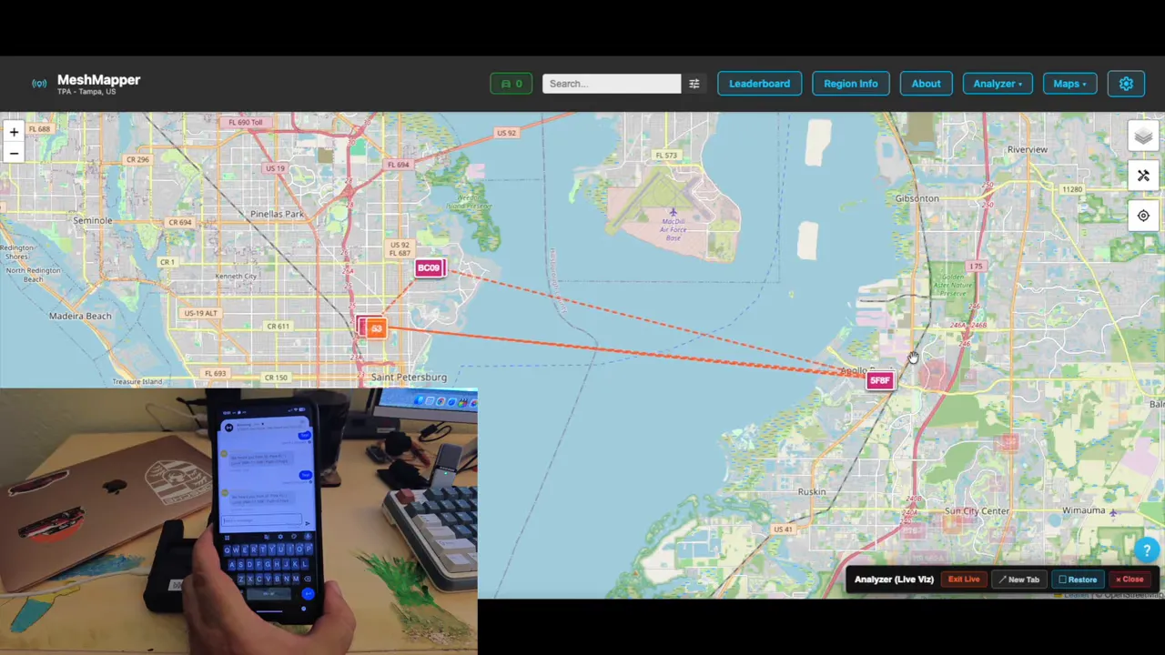 MeshMapper real-time relay path visualization across Tampa Bay nodes